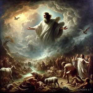 7. Hospodin riekol: „Zamietnem človeka, ktorého som stvoril, z povrchu zeme, aj človeka, aj zvieratá, plazy i nebeské vtáctvo, lebo ľutujem, že som ich učinil.“