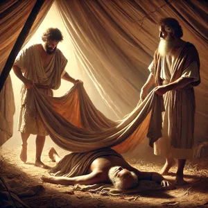 23. Šém a Jafet vzali plášť, položili ho na plecia, išli pozadu a prikryli nahotu svojho otca; tváre mali obrátené vzad, takže nevideli nahotu svojho otca.